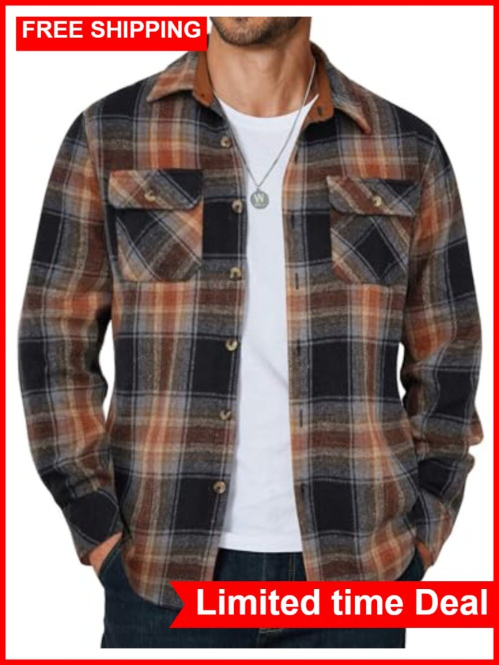 Men's Long Sleeve Flannel Shirt Casual Button Down with Pockets